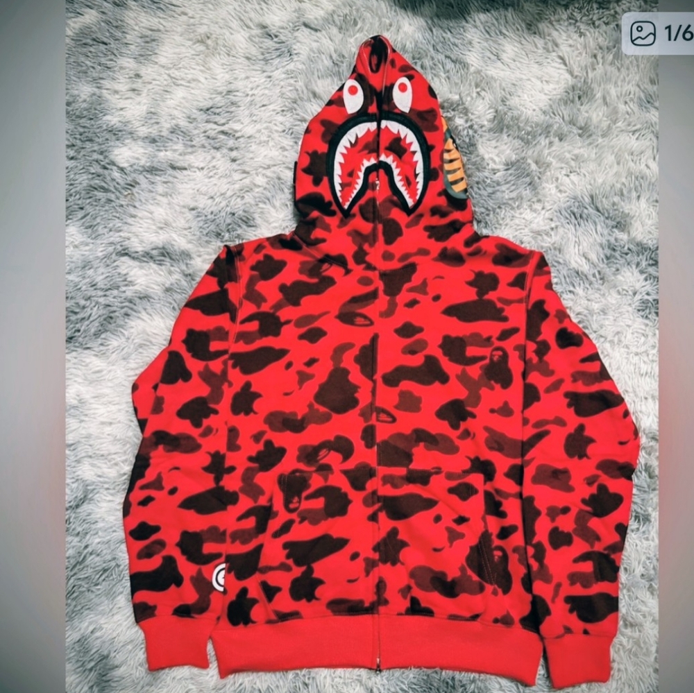 BAPE Color Camo Shark Red Full Zip Hoodie Mens Size Large